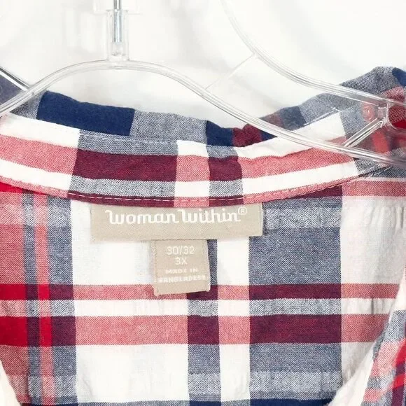 Woman Within Plus Size 3X Top 30W 32W Plaid Red Blue White Cotton Button Up 1578 - Picture 6 of 7